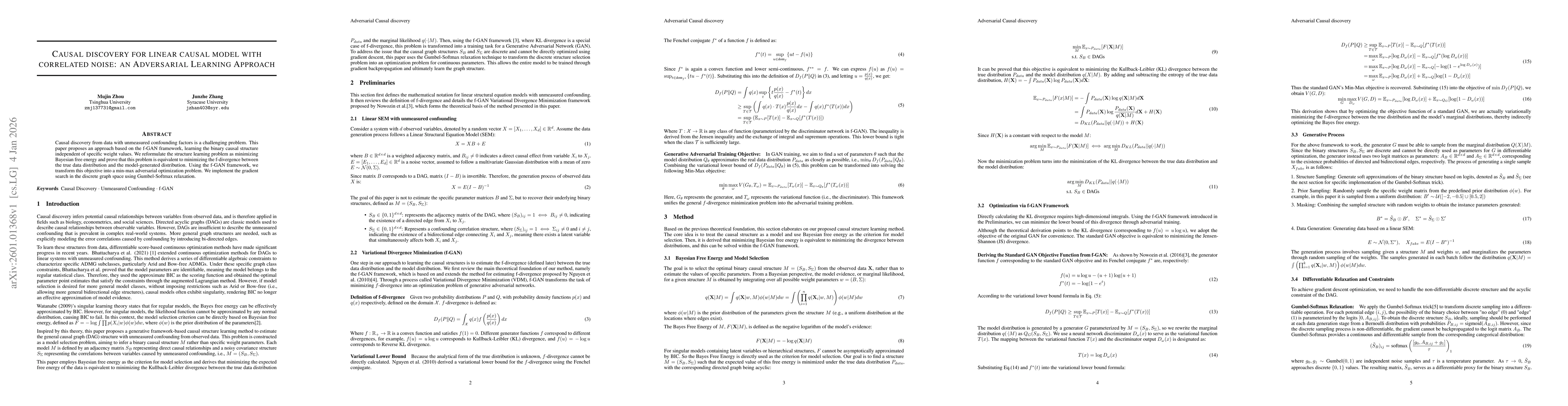 Thumbnail for Causal discovery for linear causal model with correlated noise: an Adversarial Learning Approach
