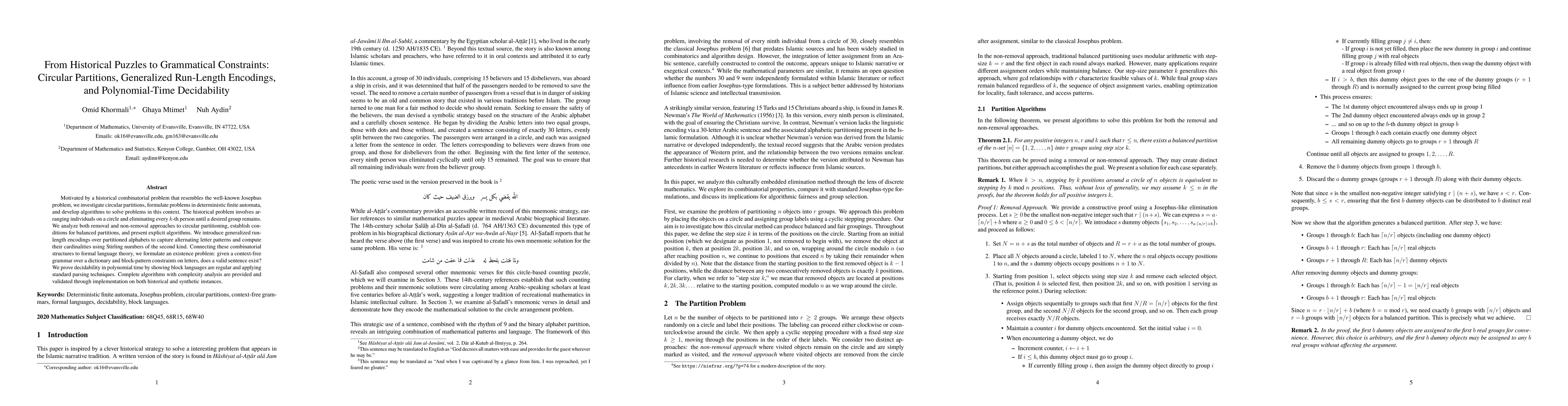 Thumbnail for From Historical Puzzles to Grammatical Constraints: Circular Partitions, Generalized Run-Length Encodings, and Polynomial-Time Decidability