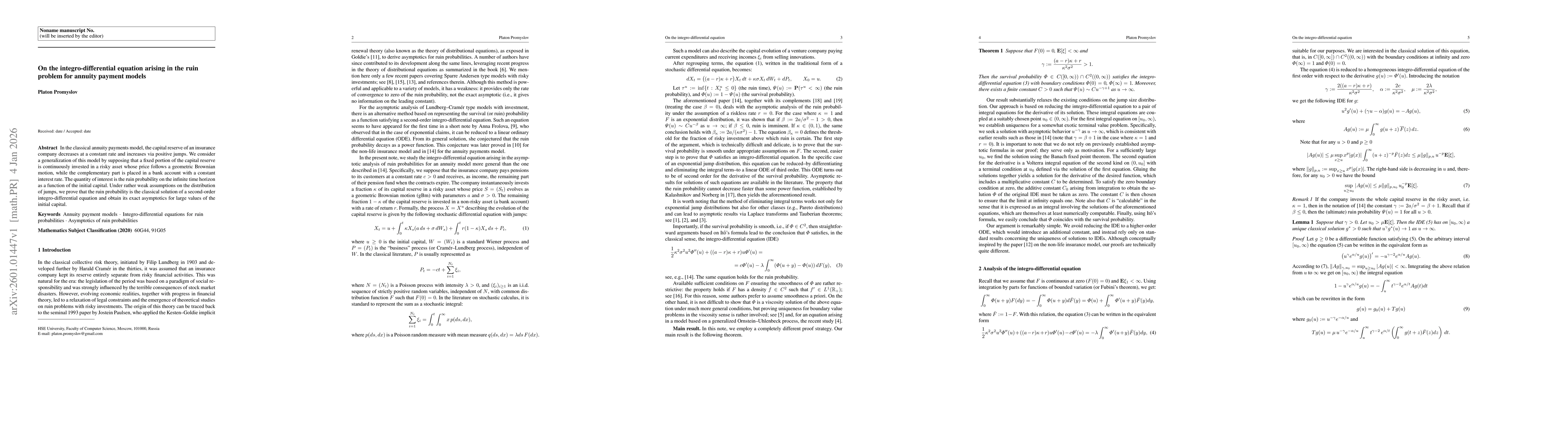 Thumbnail for On the integro-differential equation arising in the ruin problem for annuity payment models