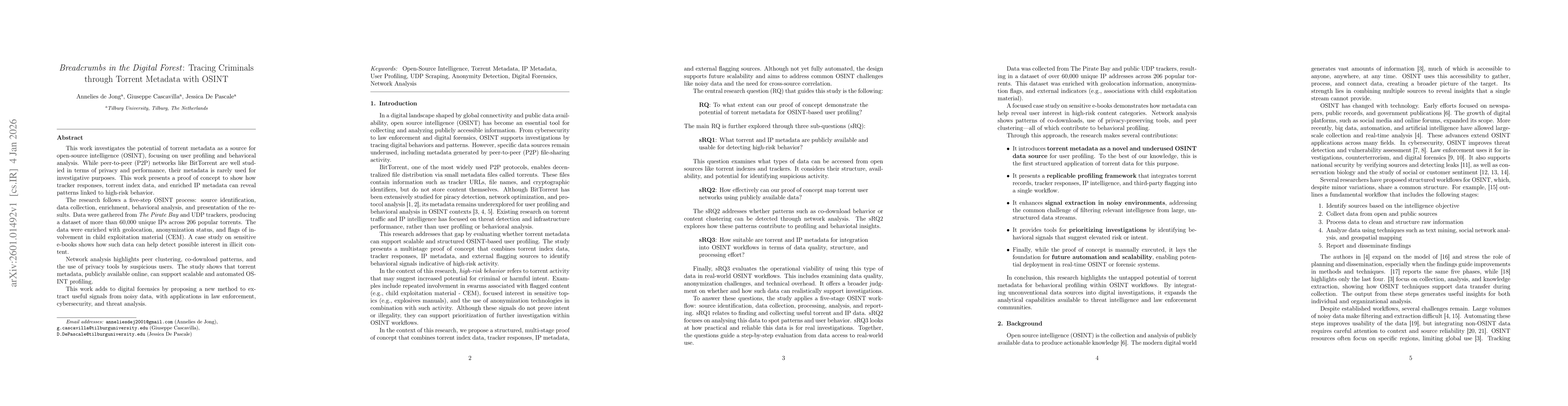 Thumbnail for Breadcrumbs in the Digital Forest: Tracing Criminals through Torrent Metadata with OSINT