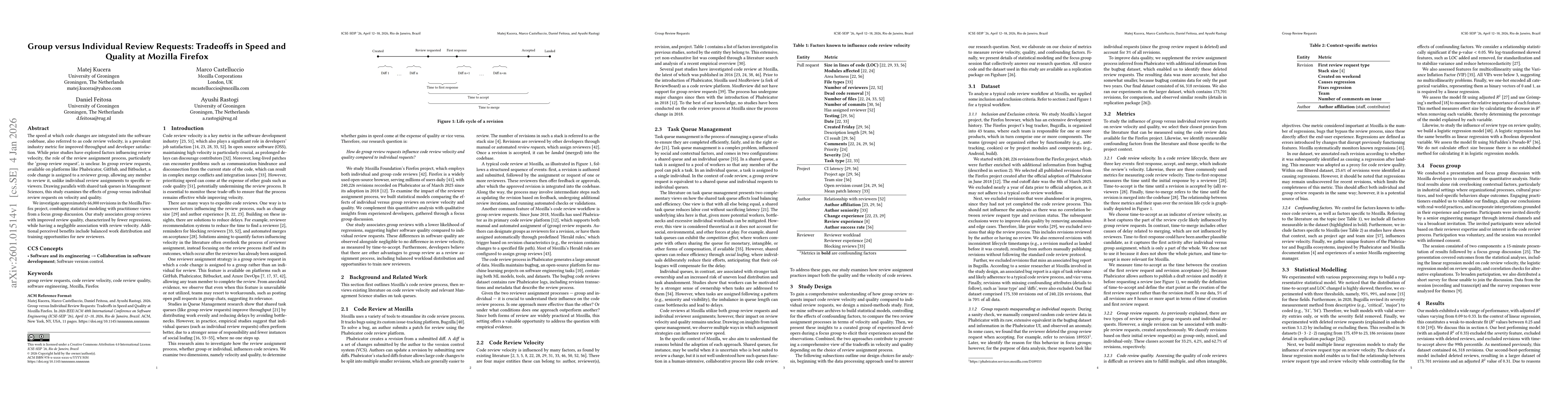 Thumbnail for Group versus Individual Review Requests: Tradeoffs in Speed and Quality at Mozilla Firefox