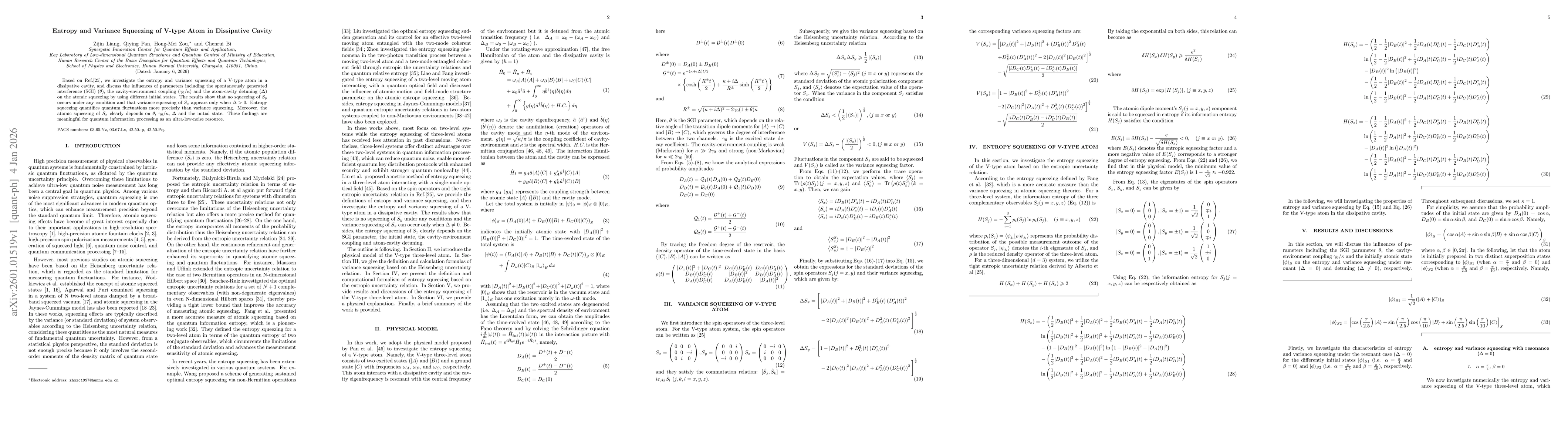 Thumbnail for Entropy and Variance Squeezing of V-type Atom in Dissipative Cavity