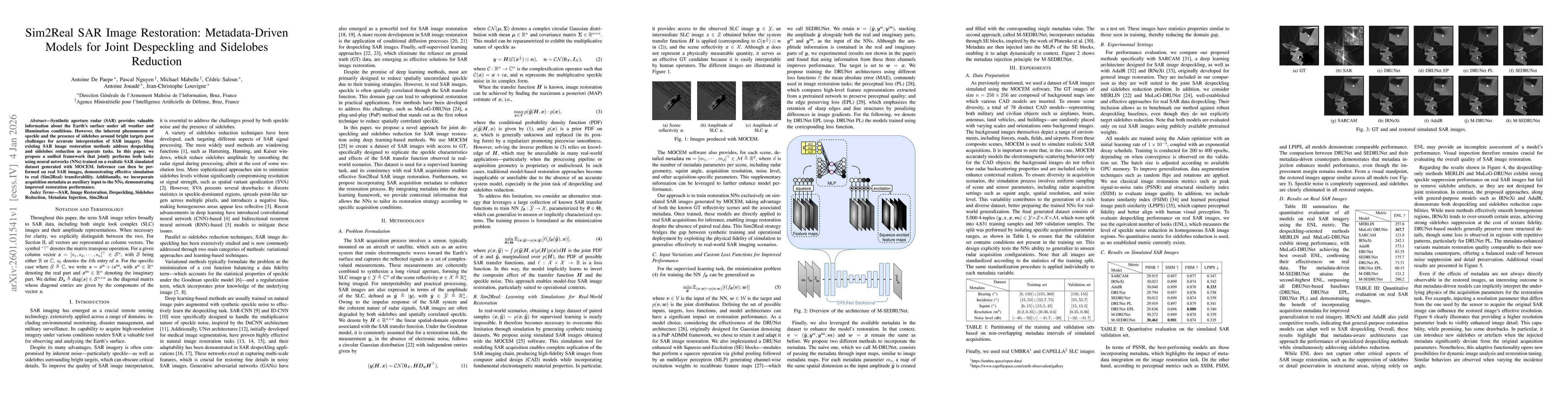 Thumbnail for Sim2Real SAR Image Restoration: Metadata-Driven Models for Joint Despeckling and Sidelobes Reduction
