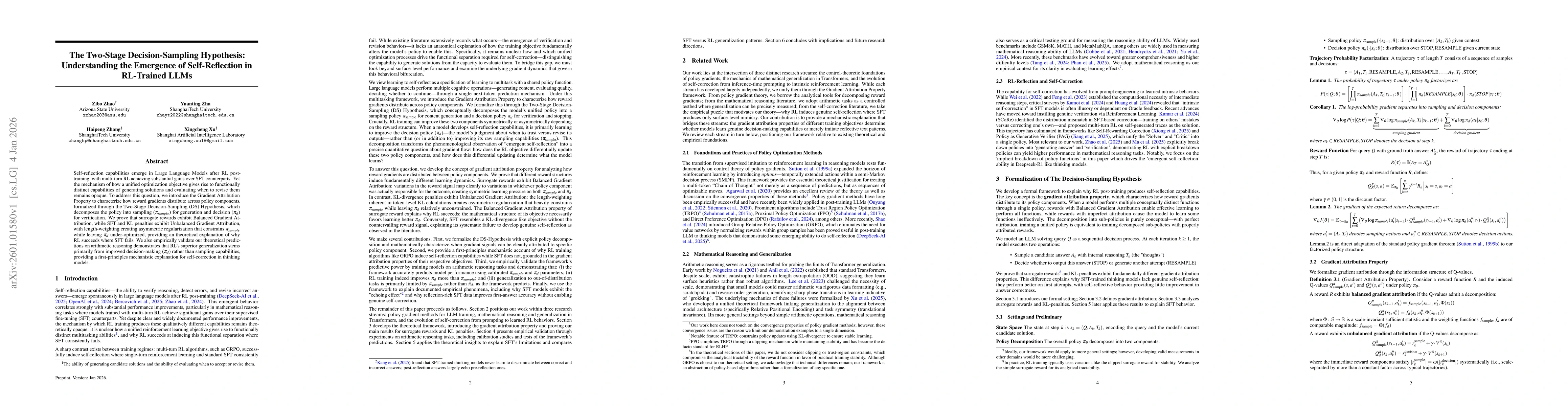 Thumbnail for The Two-Stage Decision-Sampling Hypothesis: Understanding the Emergence of Self-Reflection in RL-Trained LLMs