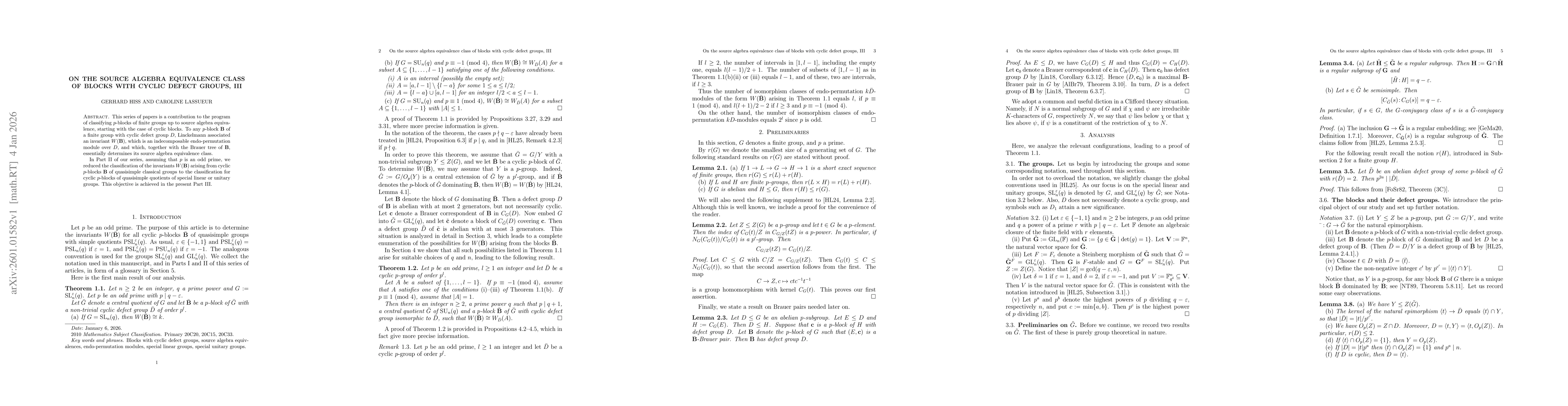 Thumbnail for On the source algebra equivalence class of blocks with cyclic defect groups, III