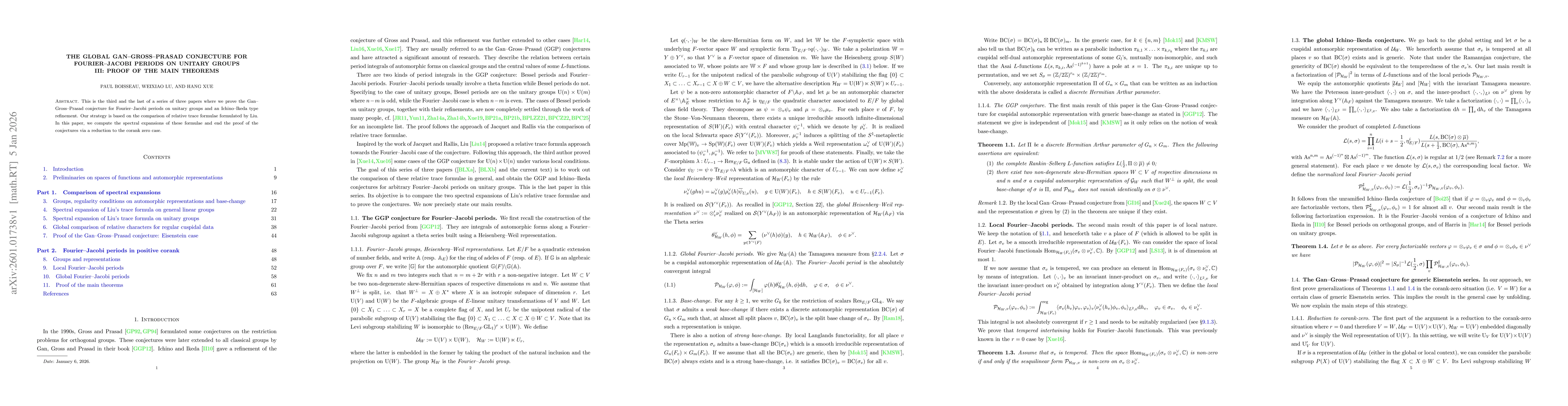 Thumbnail for The global Gan--Gross--Prasad conjecture for Fourier--Jacobi periods on unitary groups III: Proof of the main theorems