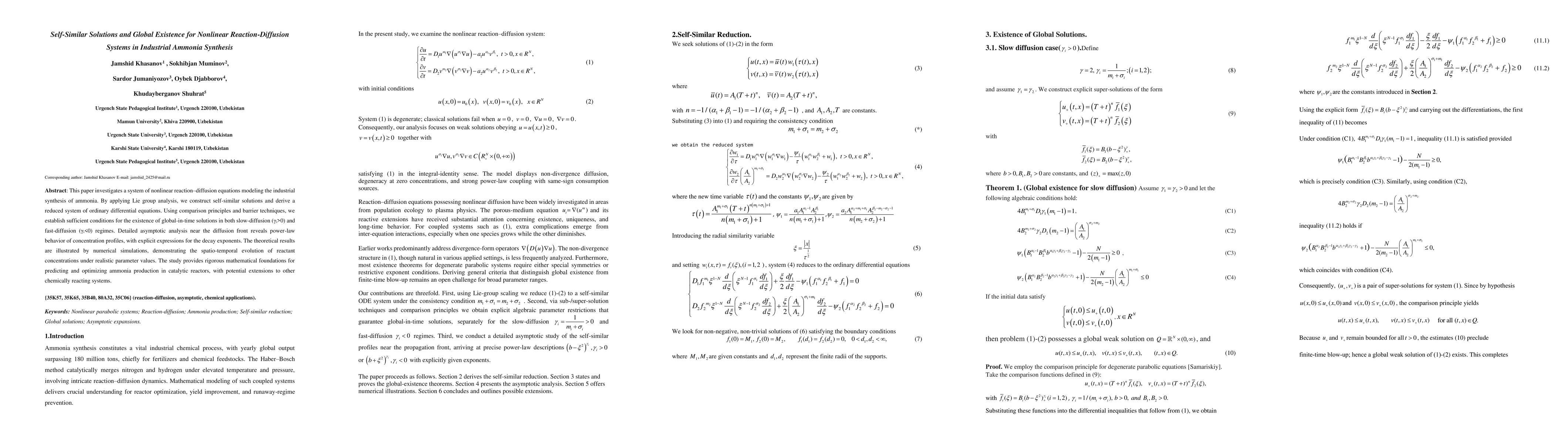 Thumbnail for Self-Similar Solutions and Global Existence for Nonlinear Reaction-Diffusion Systems in Industrial Ammonia Synthesis