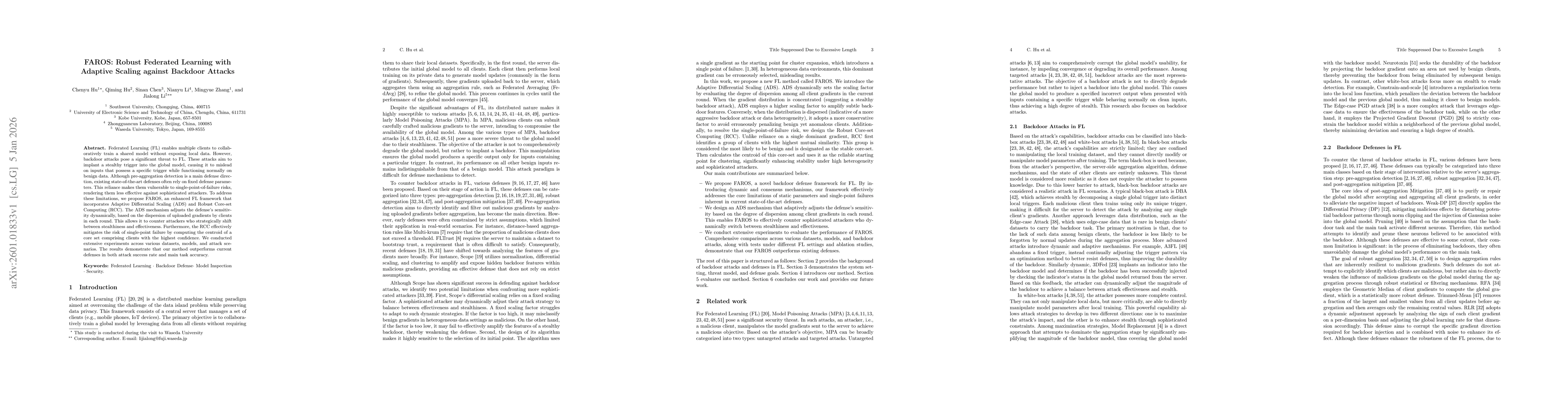 Thumbnail for FAROS: Robust Federated Learning with Adaptive Scaling against Backdoor Attacks