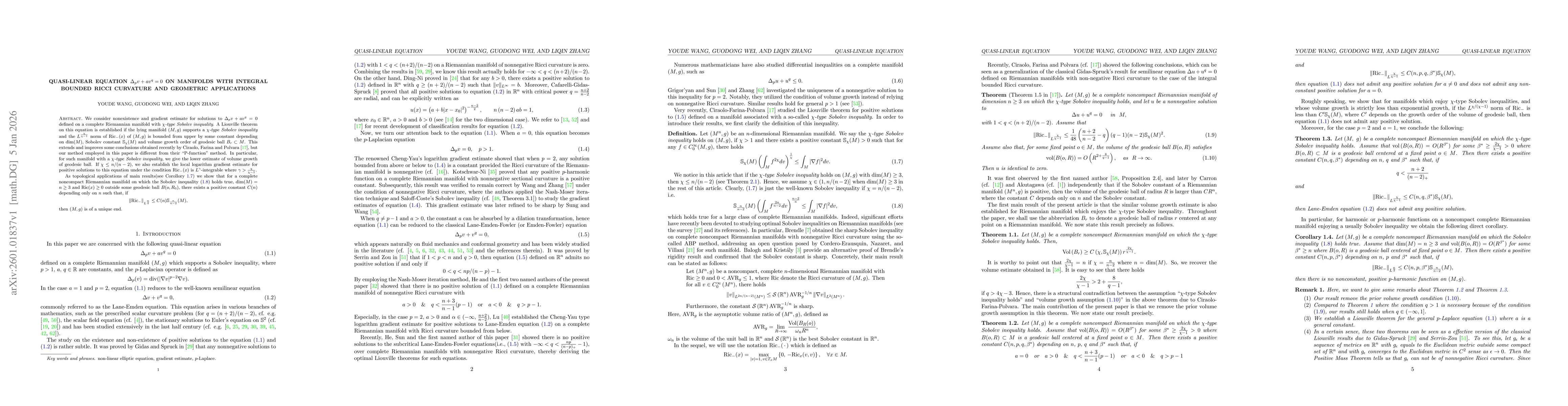 Thumbnail for Quasi-linear equation $Δ_pv+av^q=0$ on manifolds with integral bounded Ricci curvature and geometric applications