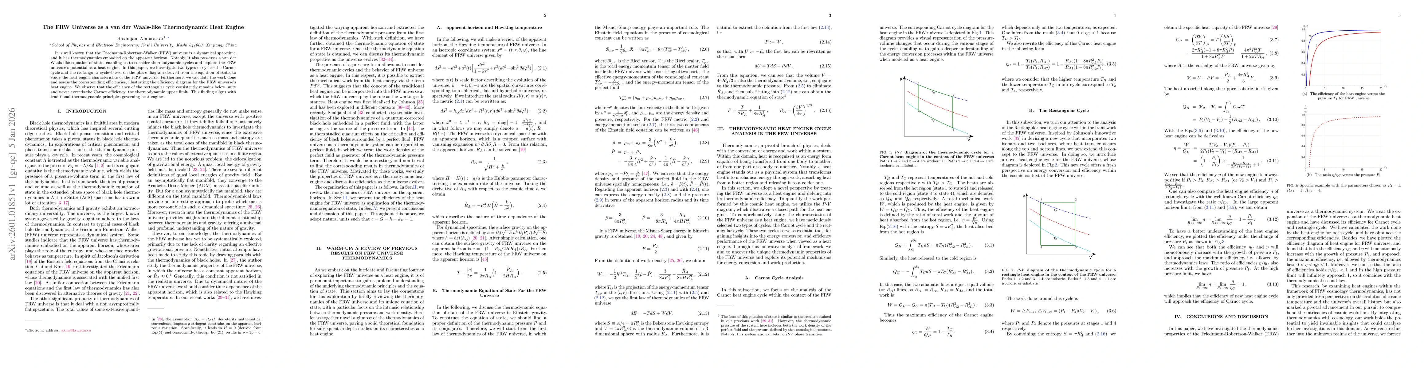 Thumbnail for The FRW Universe as a van der Waals-like Thermodynamic Heat Engine