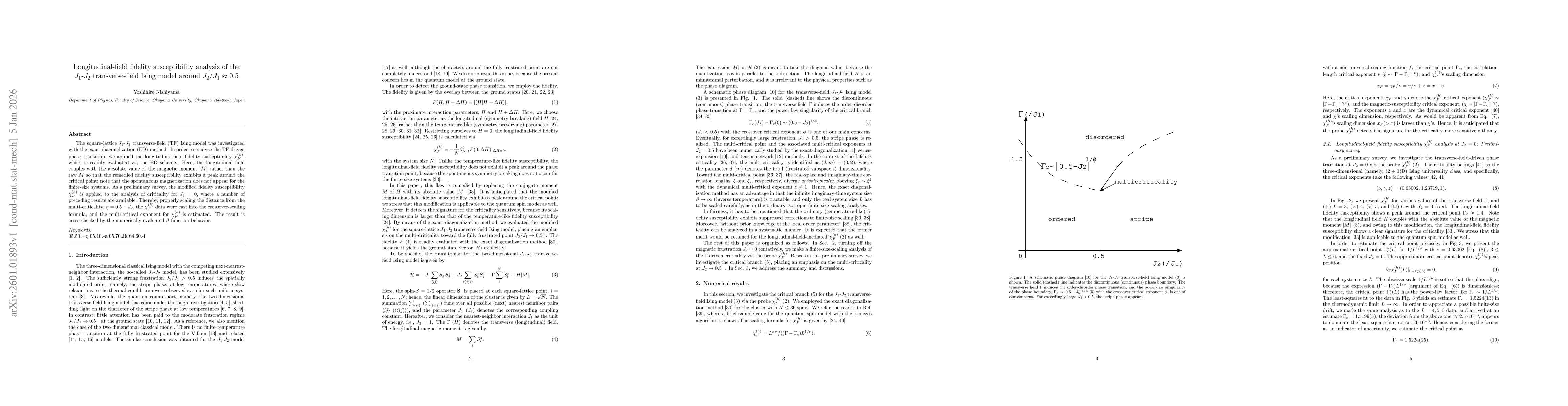 Thumbnail for Longitudinal-field fidelity susceptibility analysis of the $J_1$-$J_2$ transverse-field Ising model around $J_2/J_1 \approx 0.5$