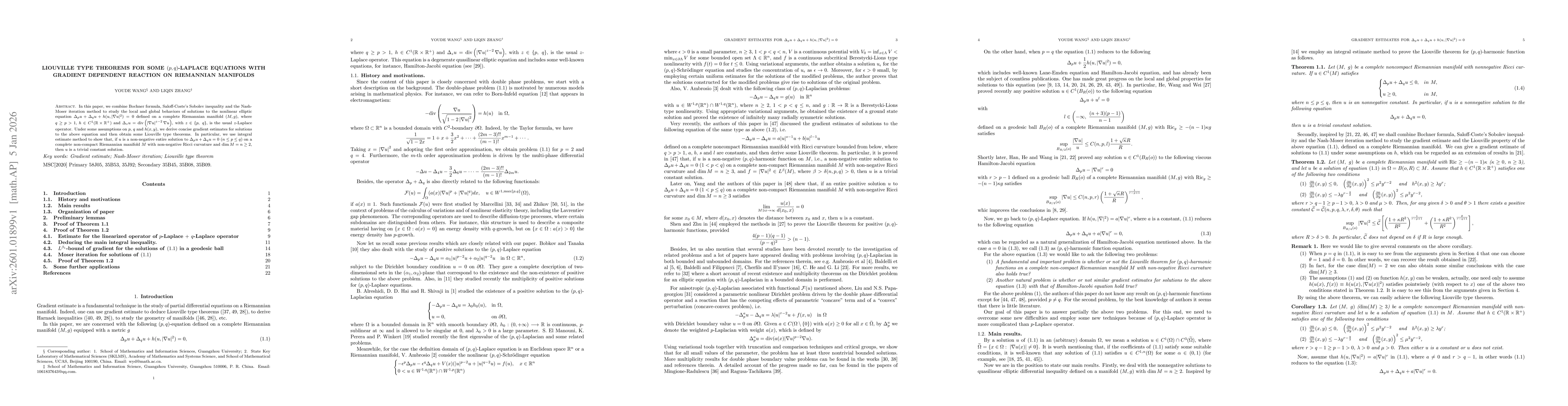 Thumbnail for Liouville type theorems for some $(p,q)$-Laplace equations with gradient dependent reaction on Riemannian manifolds