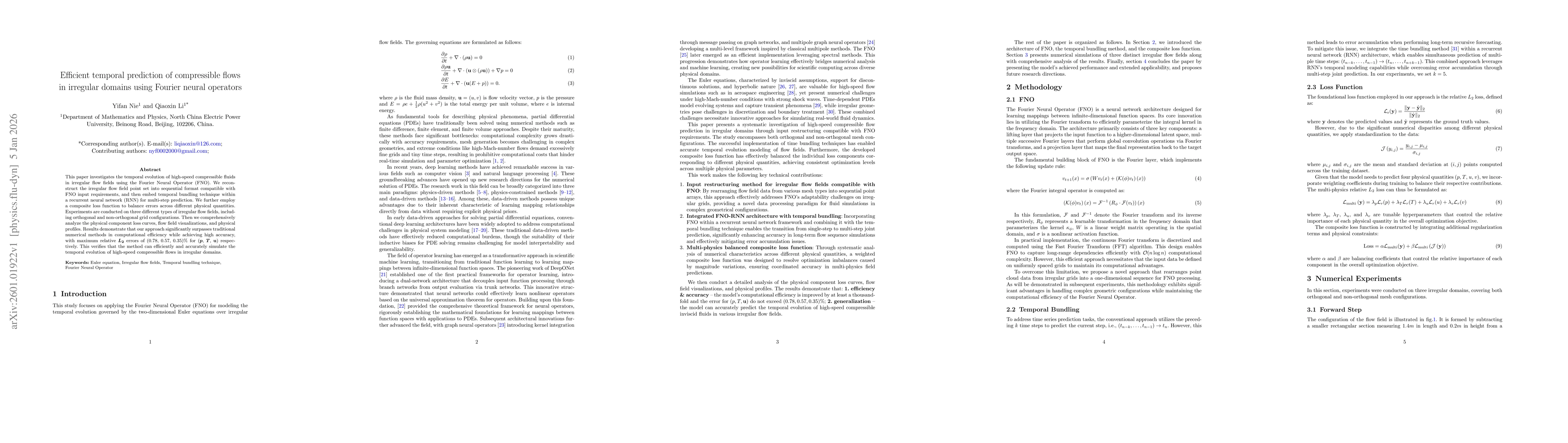 Thumbnail for Efficient temporal prediction of compressible flows in irregular domains using Fourier neural operators