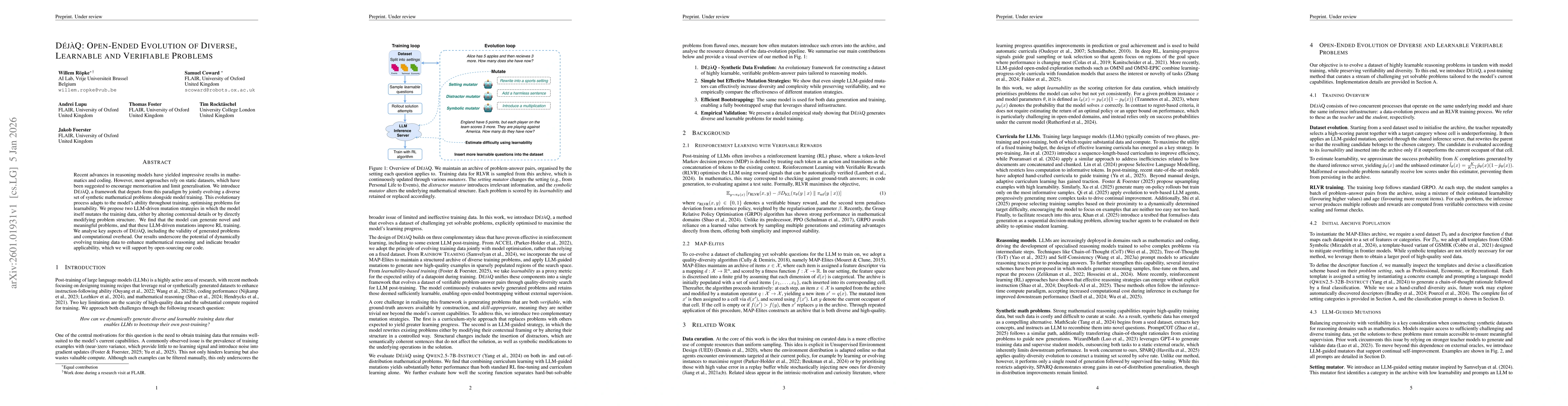 Thumbnail for DéjàQ: Open-Ended Evolution of Diverse, Learnable and Verifiable Problems