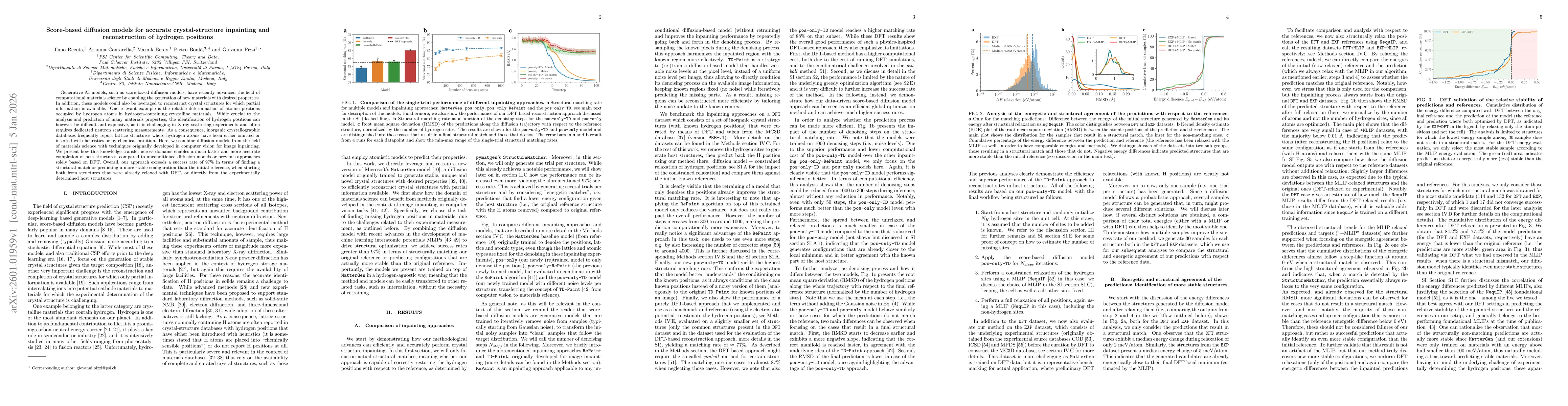 Thumbnail for Score-based diffusion models for accurate crystal-structure inpainting and reconstruction of hydrogen positions