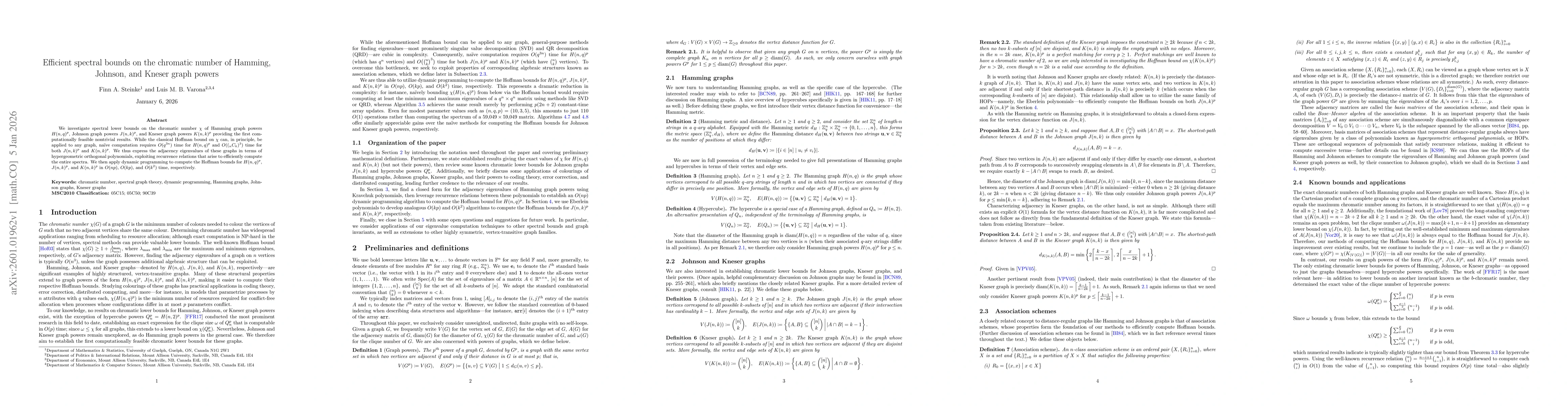 Thumbnail for Efficient spectral bounds on the chromatic number of Hamming, Johnson, and Kneser graph powers