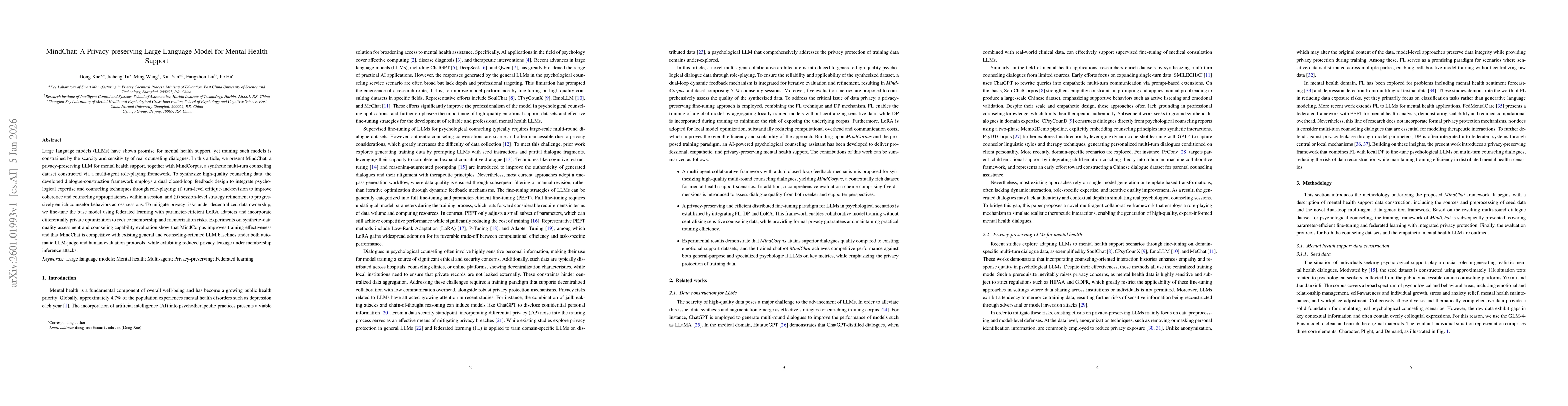 Thumbnail for MindChat: A Privacy-preserving Large Language Model for Mental Health Support