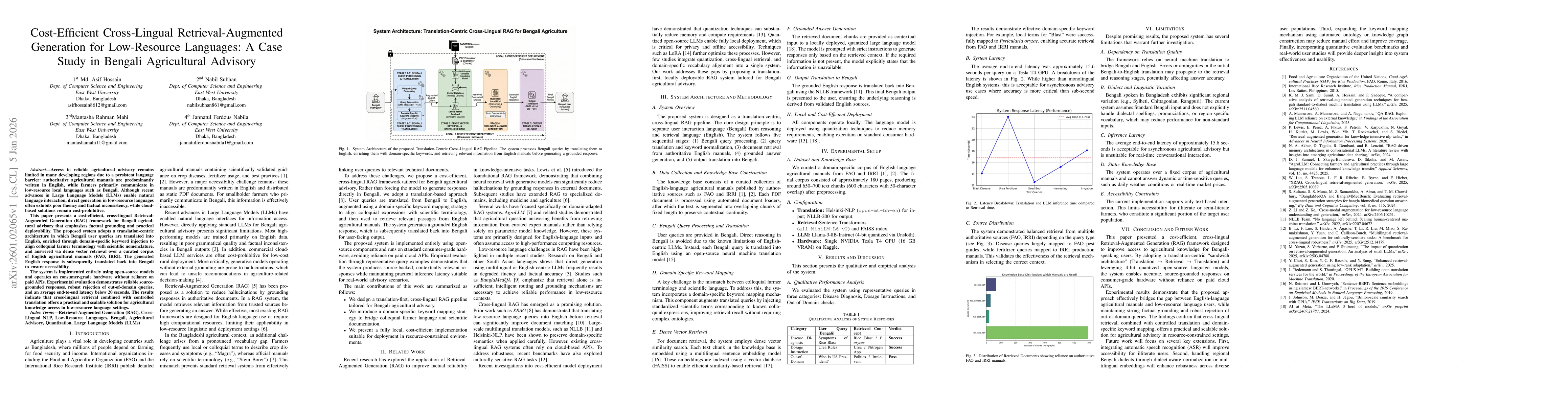 Thumbnail for Cost-Efficient Cross-Lingual Retrieval-Augmented Generation for Low-Resource Languages: A Case Study in Bengali Agricultural Advisory