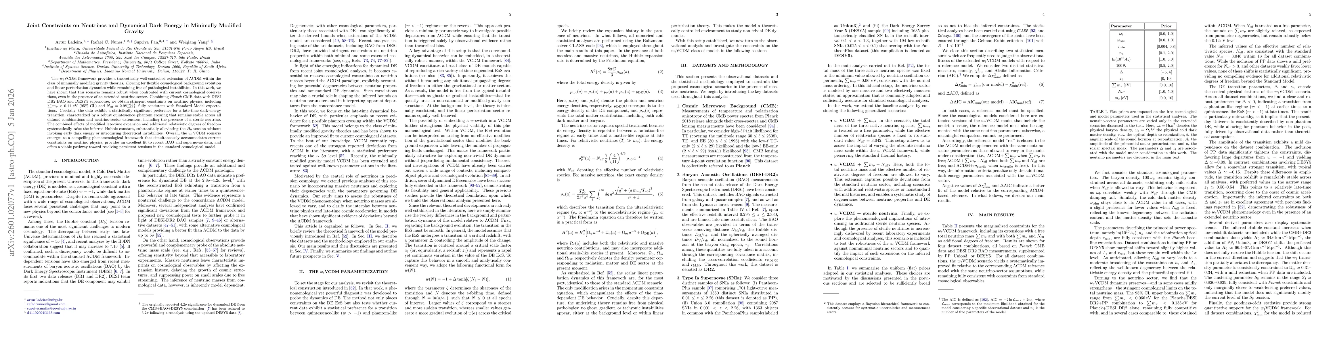 Thumbnail for Joint Constraints on Neutrinos and Dynamical Dark Energy in Minimally Modified Gravity