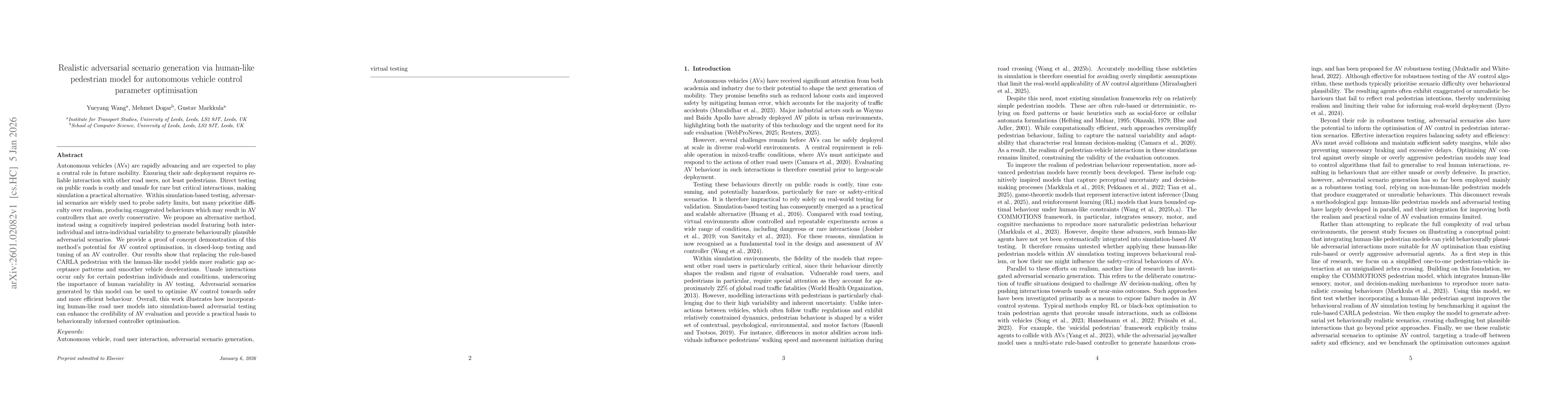 Thumbnail for Realistic adversarial scenario generation via human-like pedestrian model for autonomous vehicle control parameter optimisation