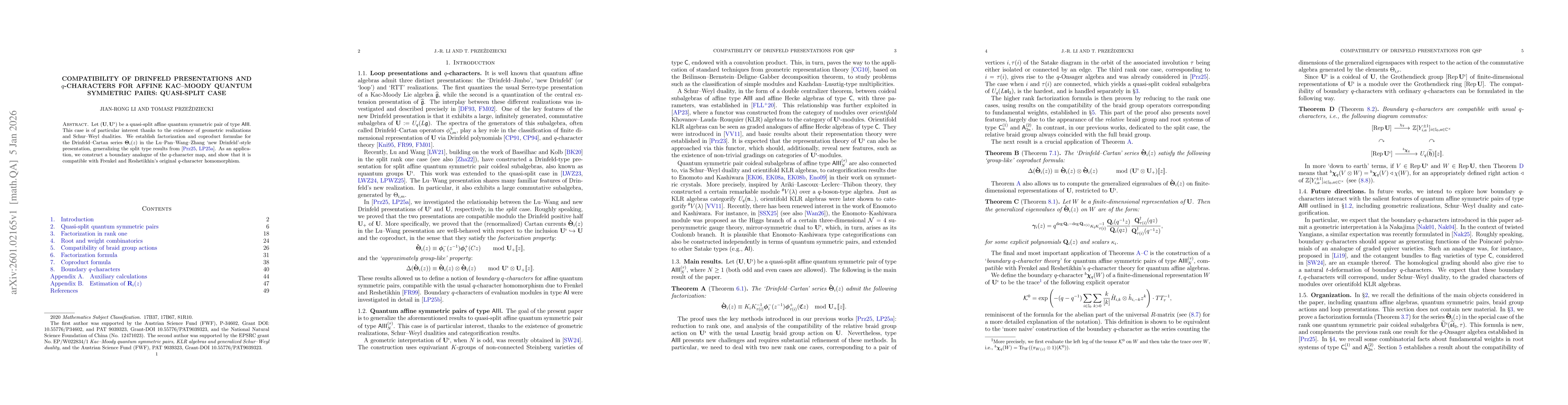 Thumbnail for Compatibility of Drinfeld presentations and $q$-characters for affine Kac--Moody quantum symmetric pairs: quasi-split case