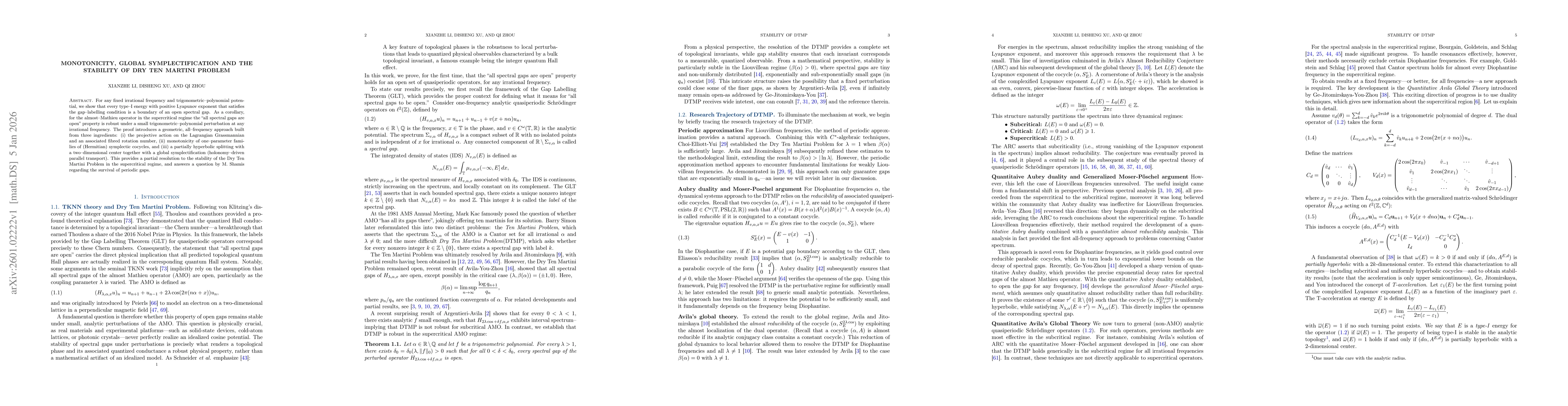 Thumbnail for Monotonicity, global symplectification and the stability of Dry Ten Martini Problem