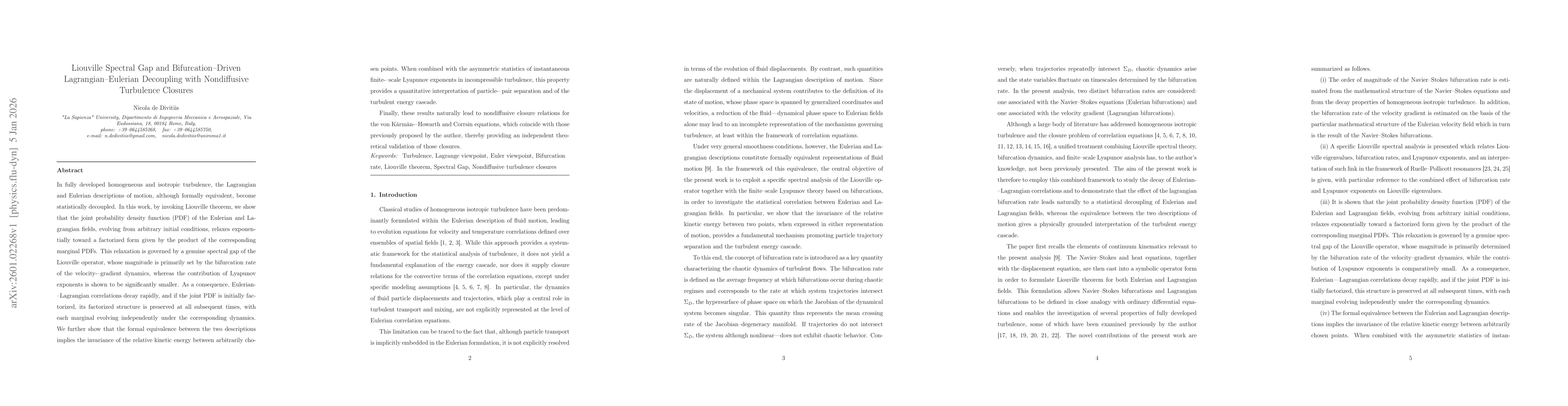 Thumbnail for Liouville Spectral Gap and Bifurcation Driven Lagrangian Eulerian Decoupling with Nondiffusive Turbulence Closures