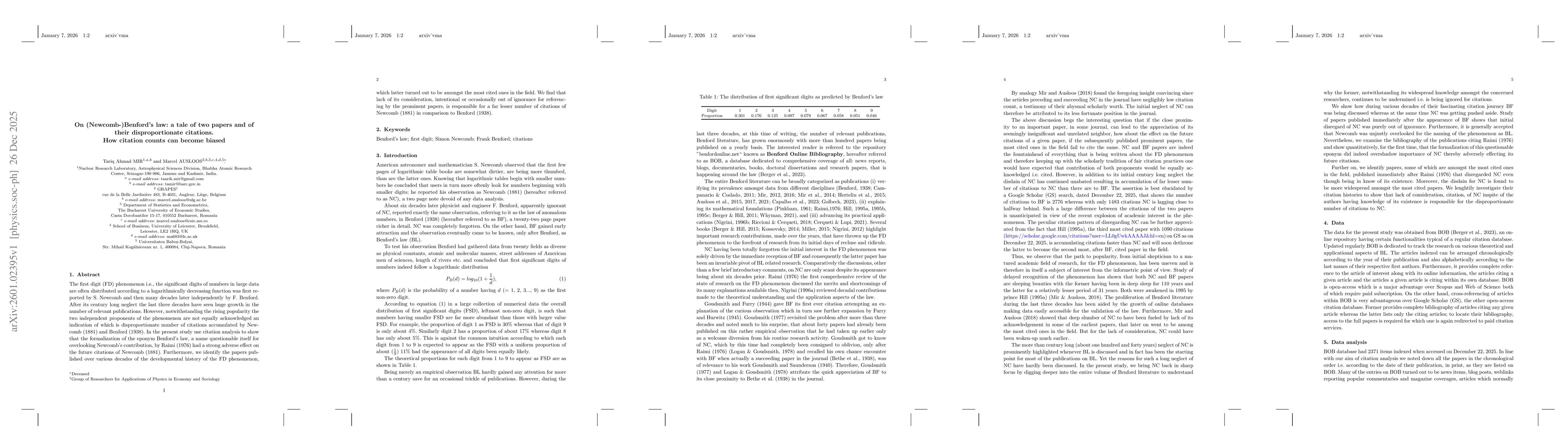 Thumbnail for On (Newcomb-)Benford's law: a tale of two papers and of their disproportionate citations. How citation counts can become biased