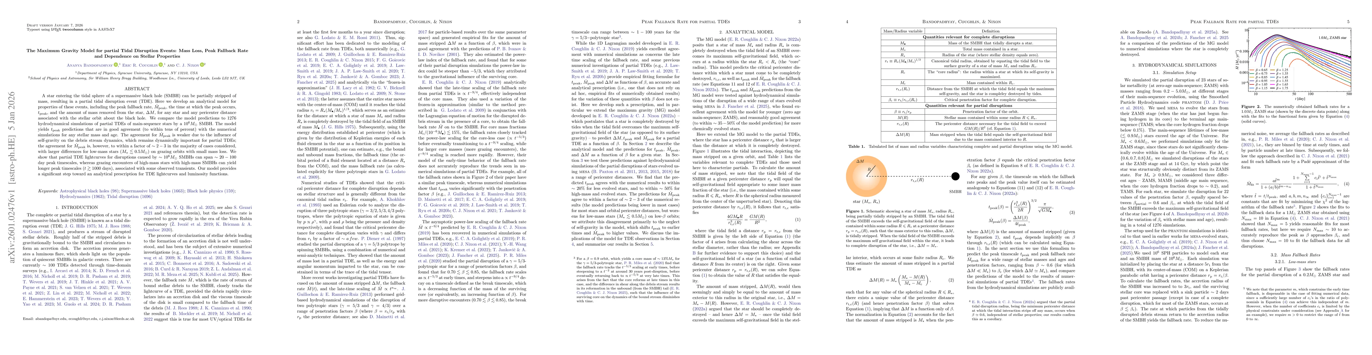 Thumbnail for The Maximum Gravity Model for partial Tidal Disruption Events: Mass Loss, Peak Fallback Rate and Dependence on Stellar Properties