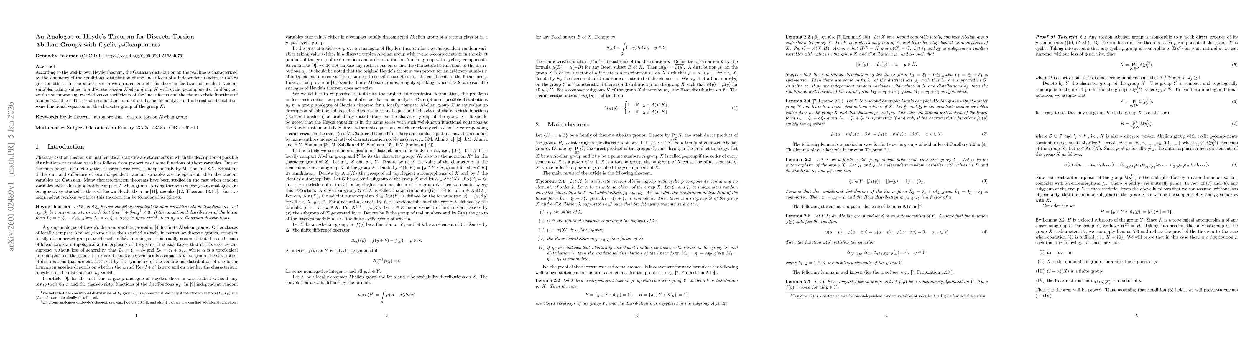 Thumbnail for An Analogue of Heyde's Theorem for Discrete Torsion Abelian Groups with Cyclic $p$-Components