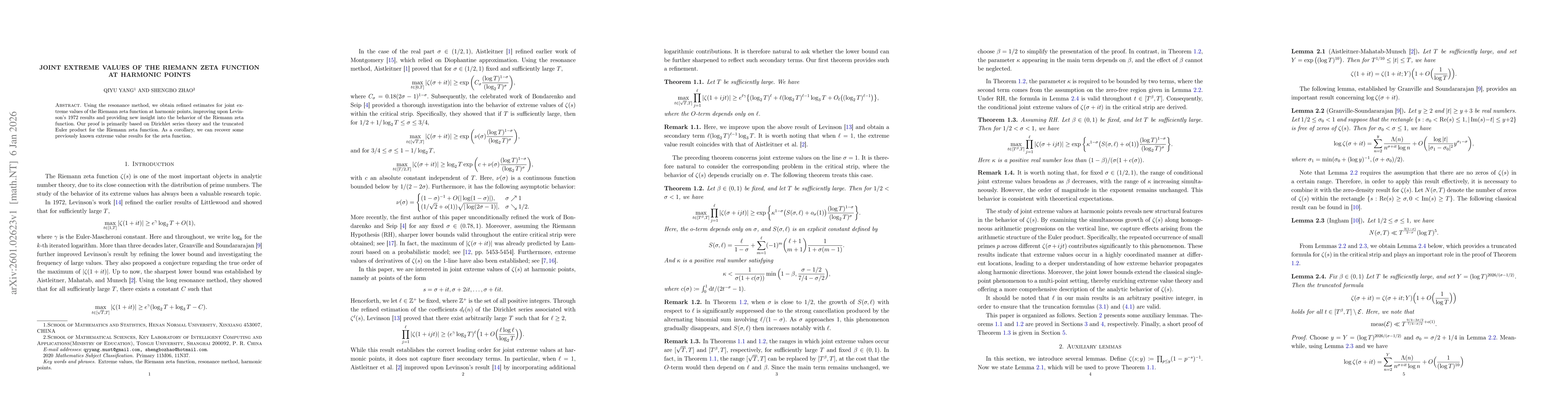 Thumbnail for Joint extreme values of the Riemann zeta function at harmonic points