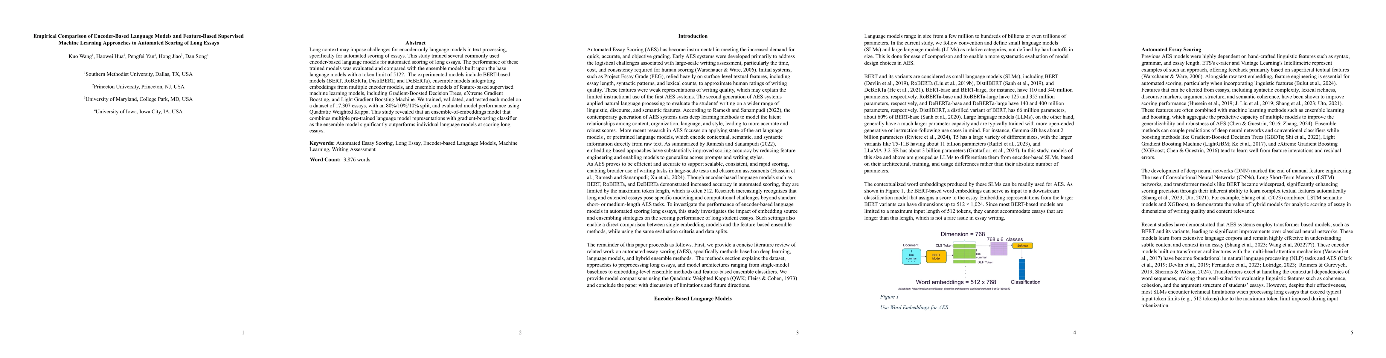Thumbnail for Empirical Comparison of Encoder-Based Language Models and Feature-Based Supervised Machine Learning Approaches to Automated Scoring of Long Essays