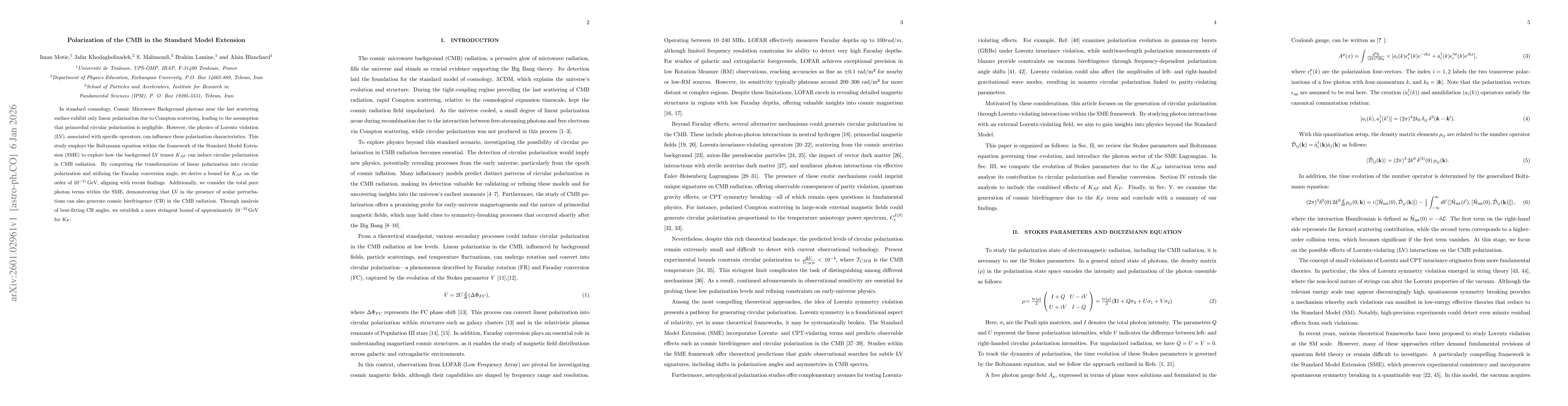 Thumbnail for Polarization of the CMB in the Standard Model Extension