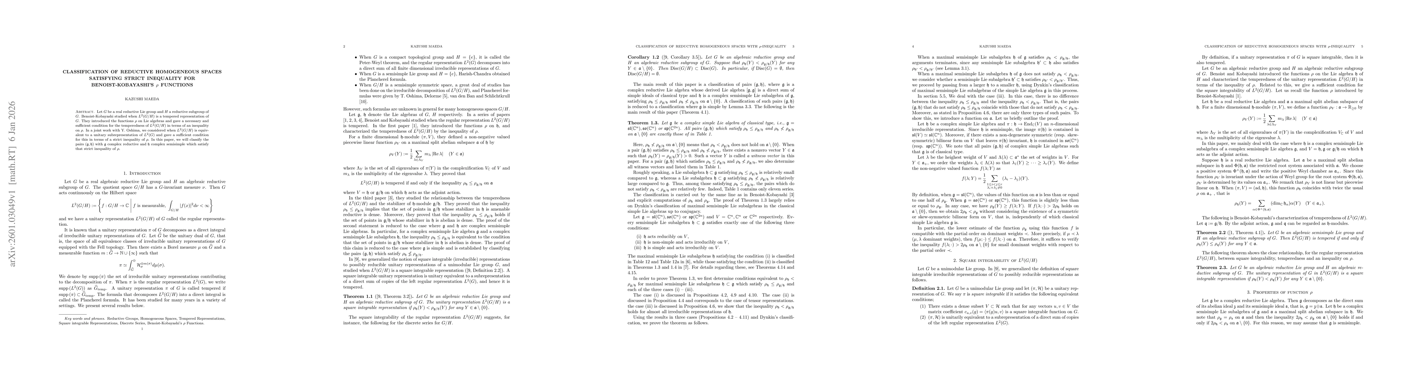 Thumbnail for Classification of reductive homogeneous spaces satisfying strict inequality for Benoist-Kobayashi's $ρ$ functions
