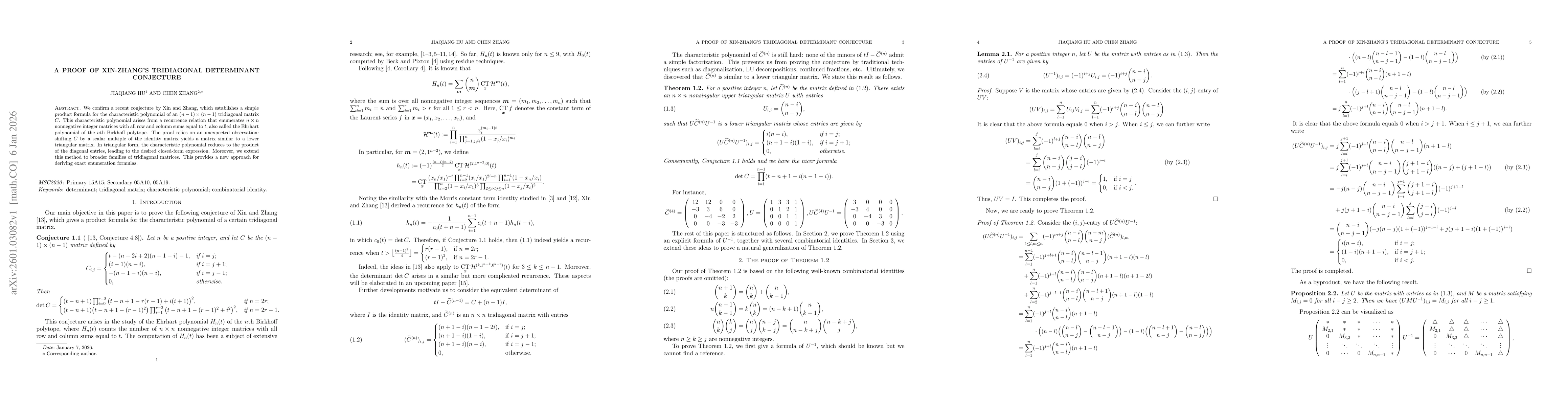 Thumbnail for A proof of Xin-Zhang's tridiagonal determinant conjecture