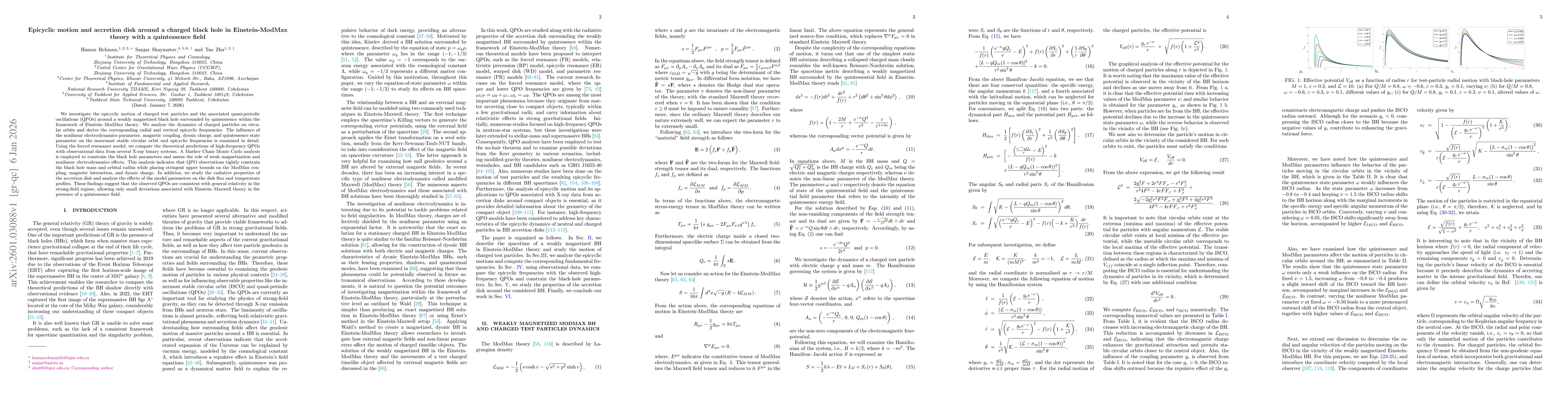 Thumbnail for Epicyclic motion and accretion disk around a charged black hole in Einstein-ModMax theory with a quintessence field