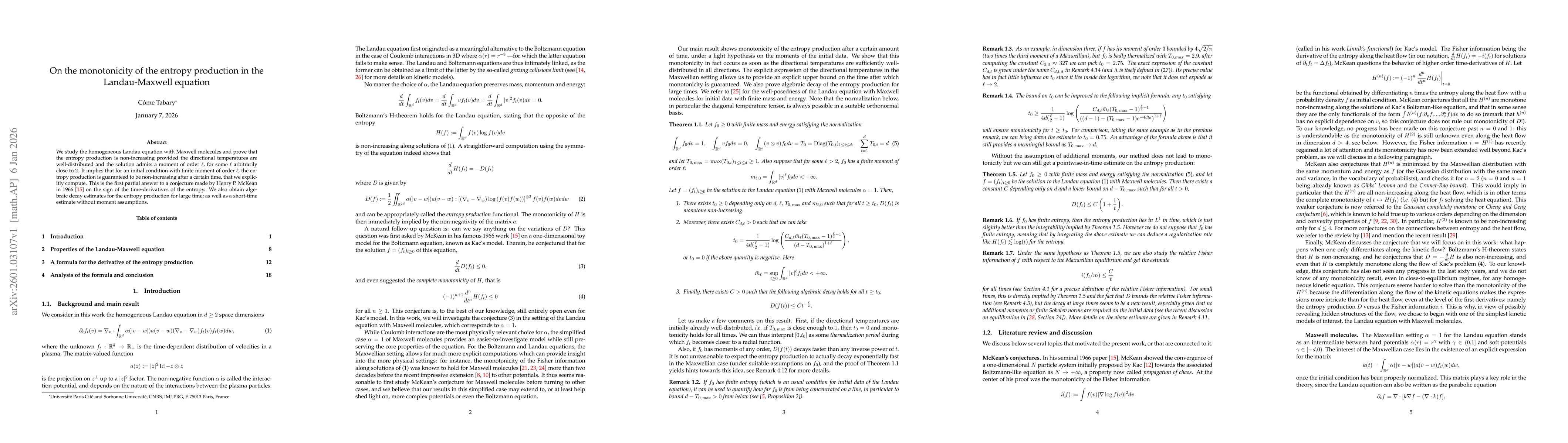 Thumbnail for On the monotonicity of the entropy production in the Landau-Maxwell equation