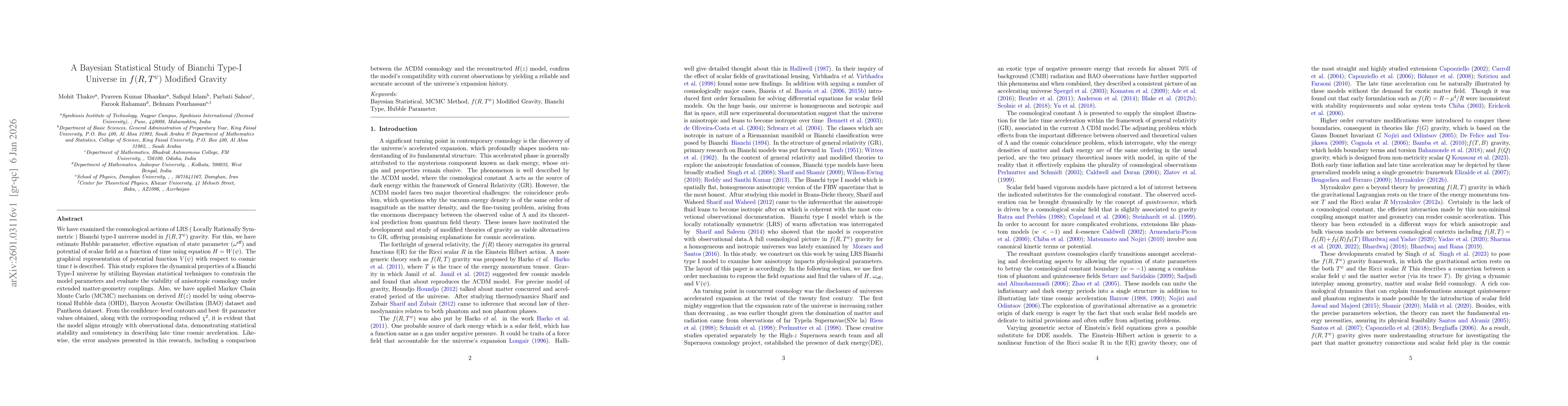 Thumbnail for A Bayesian Statistical Study of Bianchi Type-I Universe in $f(R,T^ψ)$ Modified Gravity