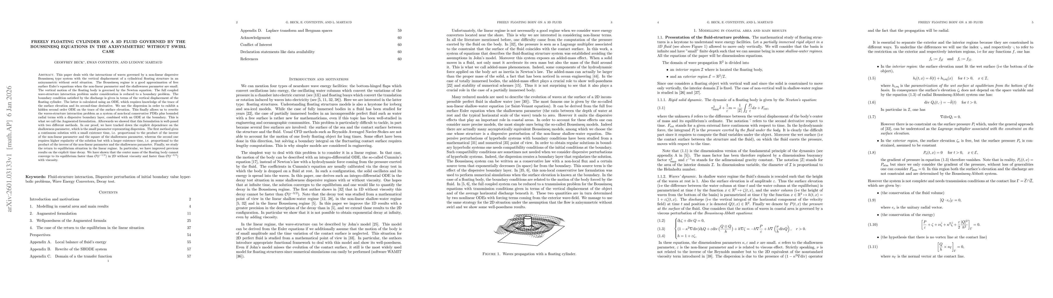 Thumbnail for Freely floating cylinder on a 3D fluid governed by the Boussinesq equations in the axisymmetric without swirl case