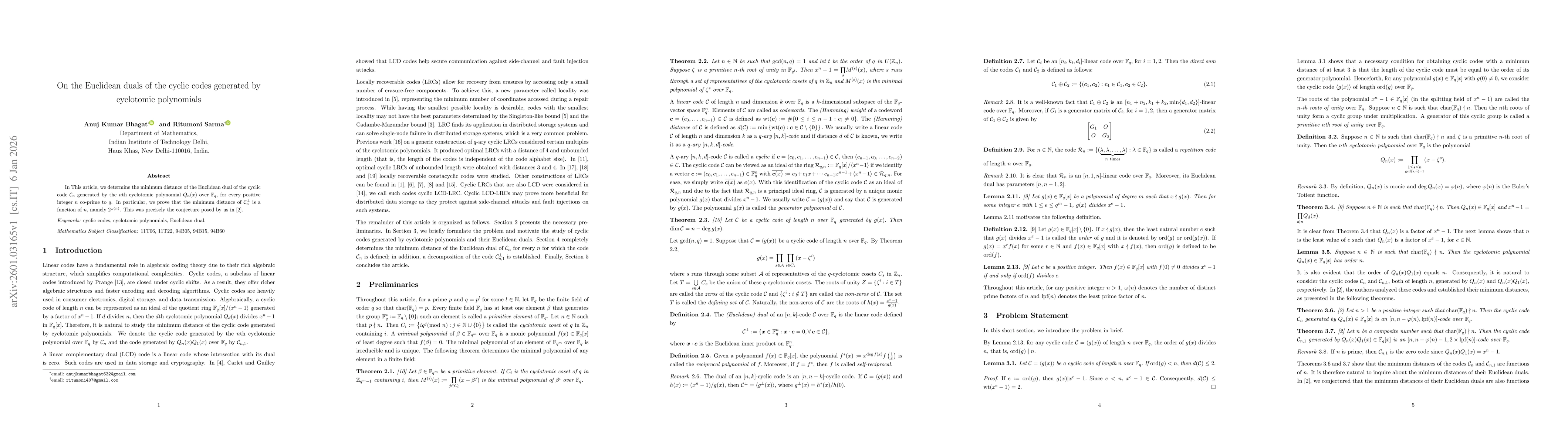 Thumbnail for On the Euclidean duals of the cyclic codes generated by cyclotomic polynomials