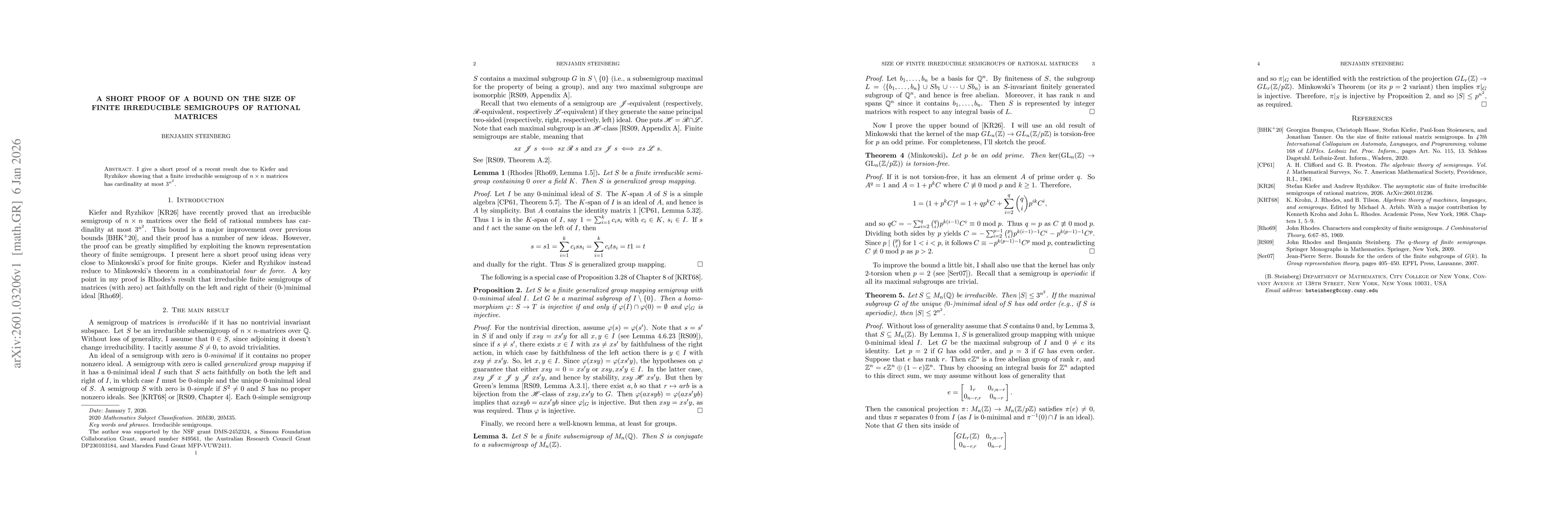 Thumbnail for A short proof of a bound on the size of finite irreducible semigroups of rational matrices