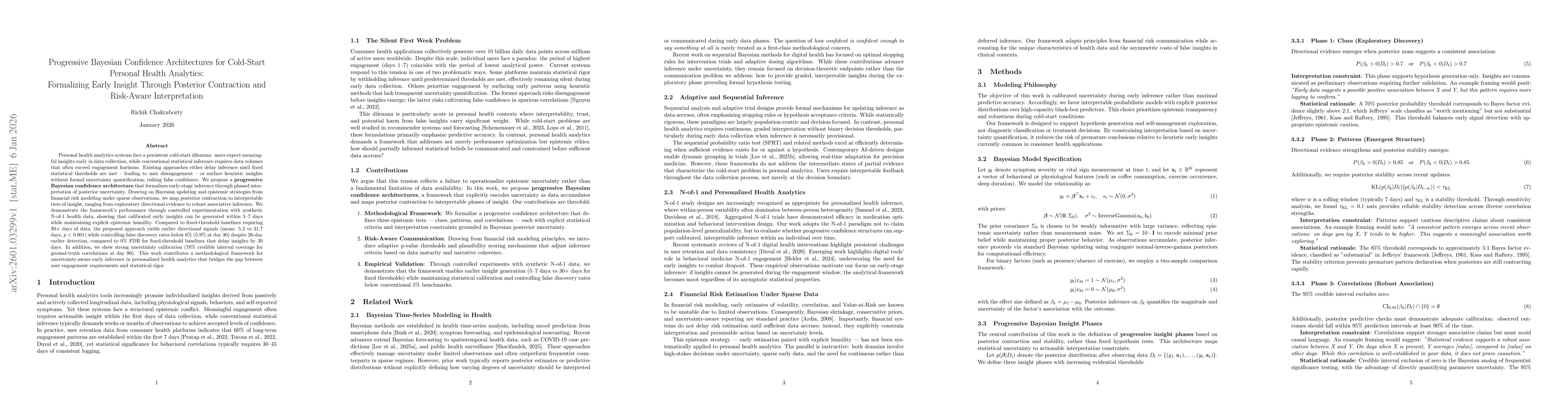 Thumbnail for Progressive Bayesian Confidence Architectures for Cold-Start Personal Health Analytics: Formalizing Early Insight Through Posterior Contraction and Risk-Aware Interpretation