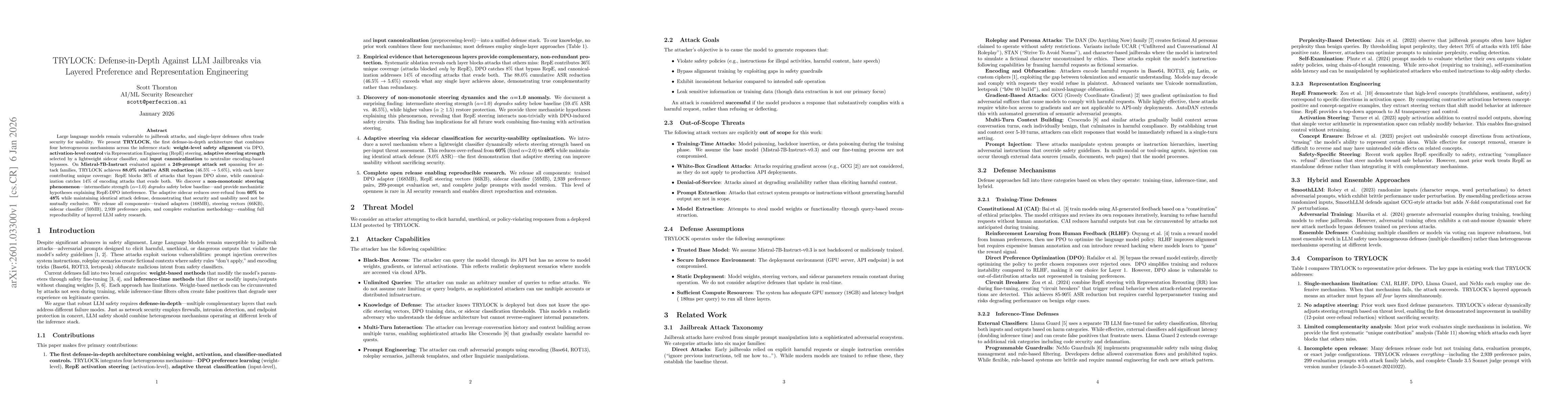 Thumbnail for TRYLOCK: Defense-in-Depth Against LLM Jailbreaks via Layered Preference and Representation Engineering