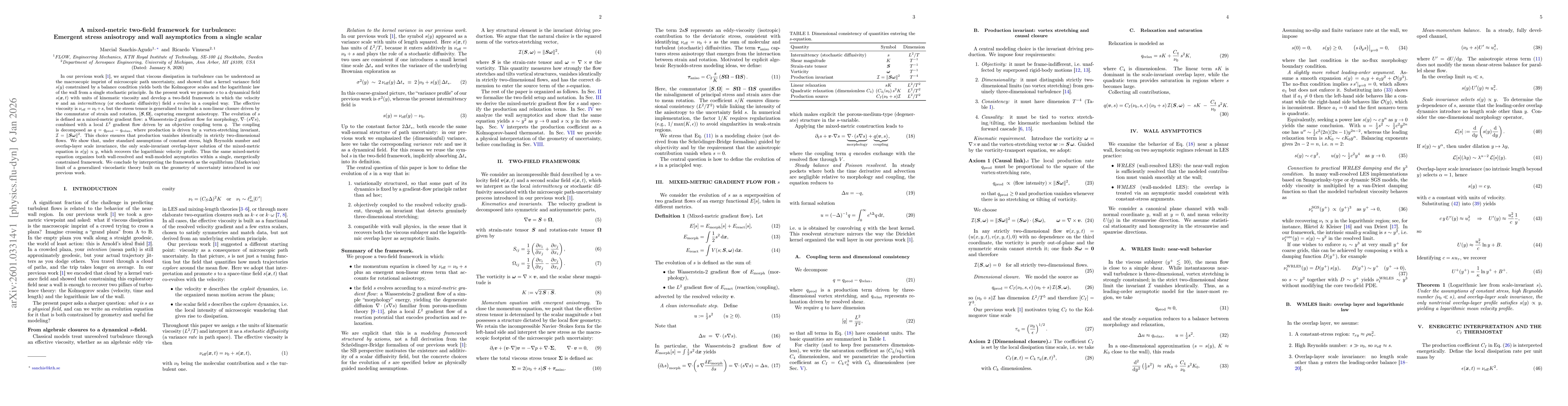 Thumbnail for A Mixed-Metric Two-Field Framework for Turbulence: Emergent Stress Anisotropy and Wall Asymptotics from a Single Scalar