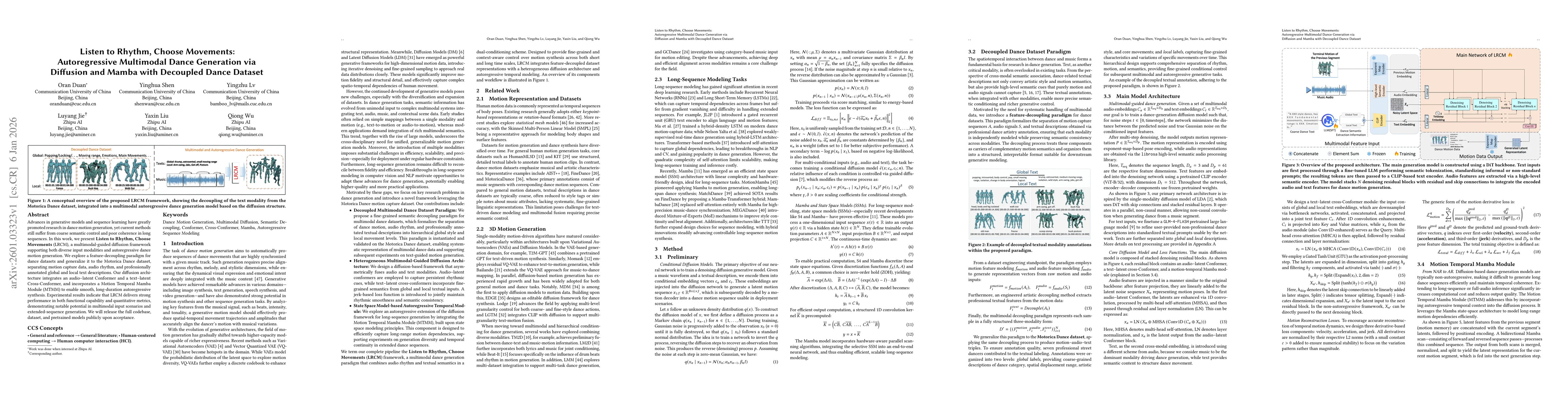 Thumbnail for Listen to Rhythm, Choose Movements: Autoregressive Multimodal Dance Generation via Diffusion and Mamba with Decoupled Dance Dataset