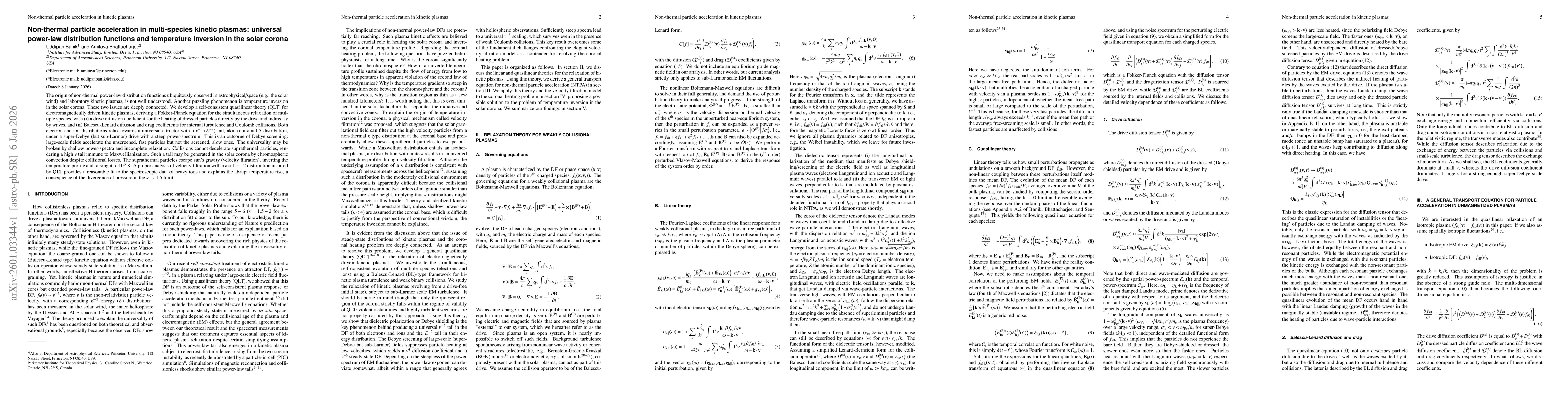 Thumbnail for Non-thermal particle acceleration in multi-species kinetic plasmas: universal power-law distribution functions and temperature inversion in the solar corona