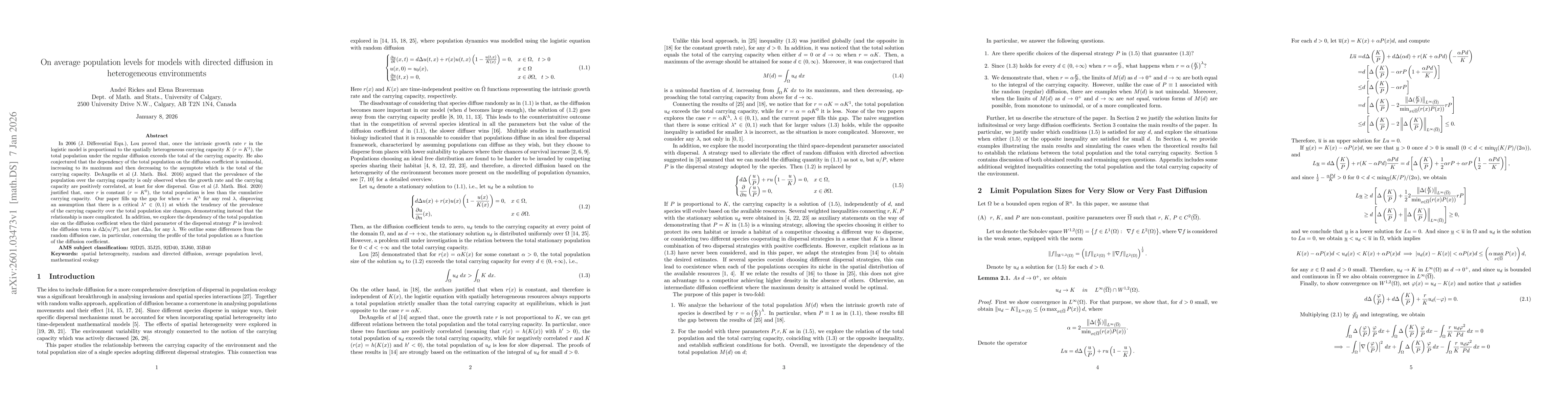 Thumbnail for On average population levels for models with directed diffusion in heterogeneous environments