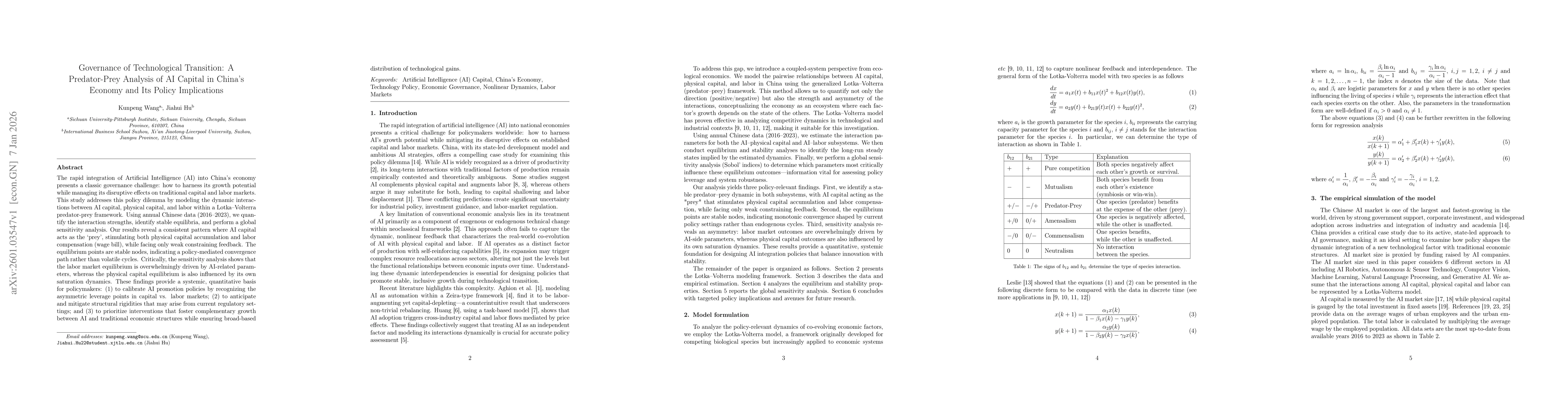 Thumbnail for Governance of Technological Transition: A Predator-Prey Analysis of AI Capital in China's Economy and Its Policy Implications
