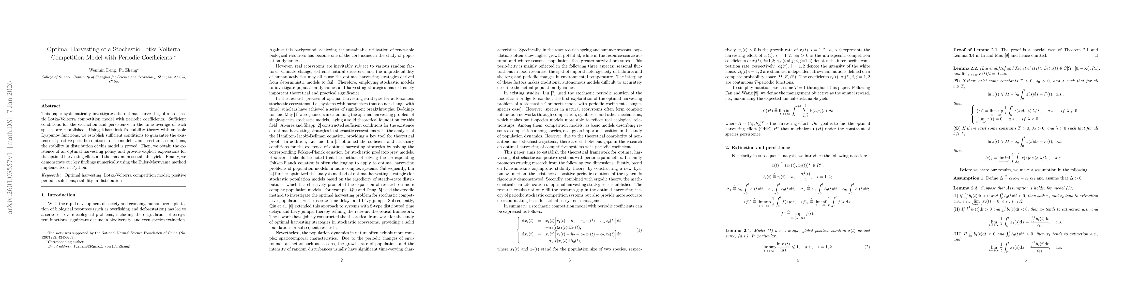Thumbnail for Optimal Harvesting of a Stochastic Lotka-Volterra Competition Model with Periodic Coefficients