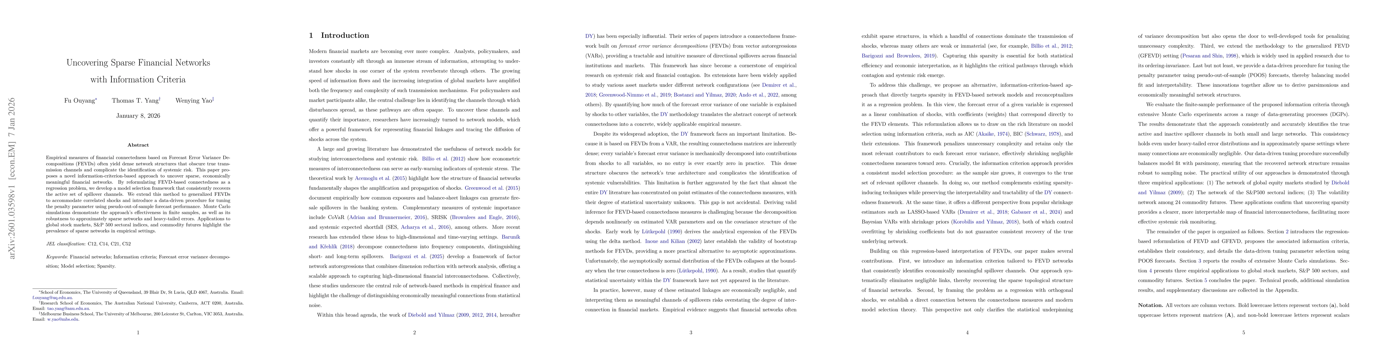 Thumbnail for Uncovering Sparse Financial Networks with Information Criteria